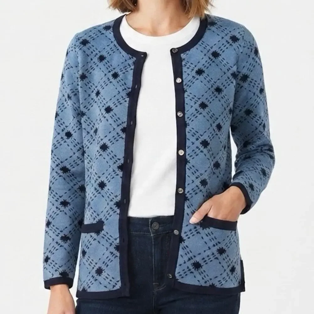 Pendleton Women’s Blue Navy Geometric Pattern Silk Cotton Button Cardigan Size M